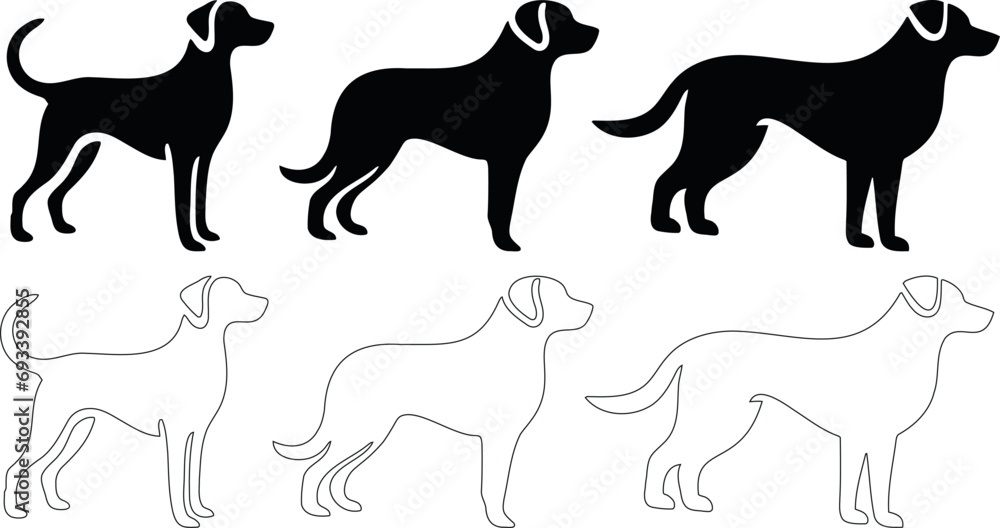 Dog silhouettes, vector illustrations. Perfect for pet care, dog training, animal lovers. Editable design elements featuring three dog stances in two contrasting styles. canine breed, pet