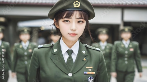 Cute Asian Girl In Military Suit Background