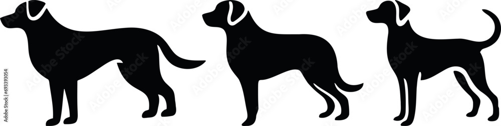 Dog silhouettes, black dogs, standing poses, vector illustration. Perfect for pet care, dog lovers, animal-themed designs. Elegant, simple, modern style decoration element