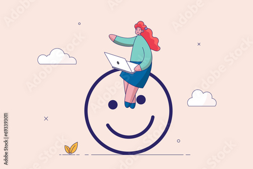 Work happiness concept. Job satisfaction, passion or enjoyment working with company, employee wellbeing, happy businesswoman working with computer on smiling face.