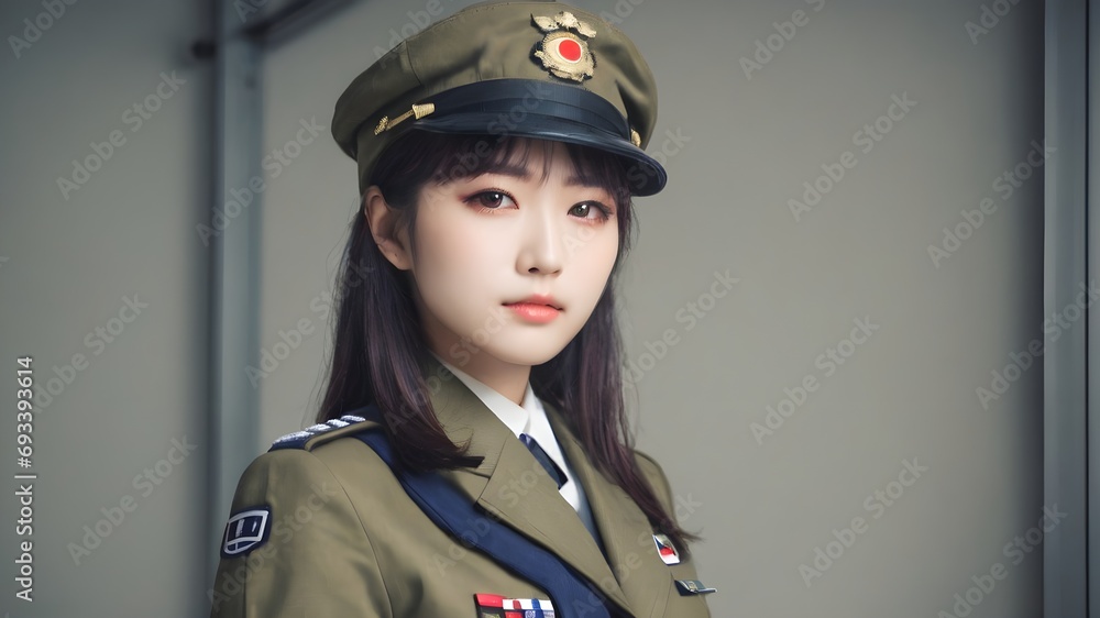 Cute Asian Girl In Military Suit Background Cute Asian Girl In Military Suit Background