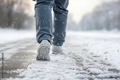 Man walking in the snow, wearing sneakers.