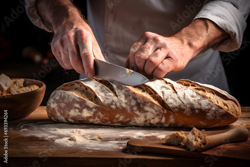 Bäcker schneidet frisch gebackenes Brot, Bäckerei, erstellt mit generativer KI photo