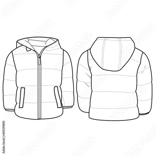 Baby girl winter jacket coat. Hooded crop puffer, jacket coat technical fashion, vector illustration.
