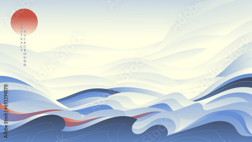 Abstract landscape with red sun and blue sky. Japanese style. Vector background.
