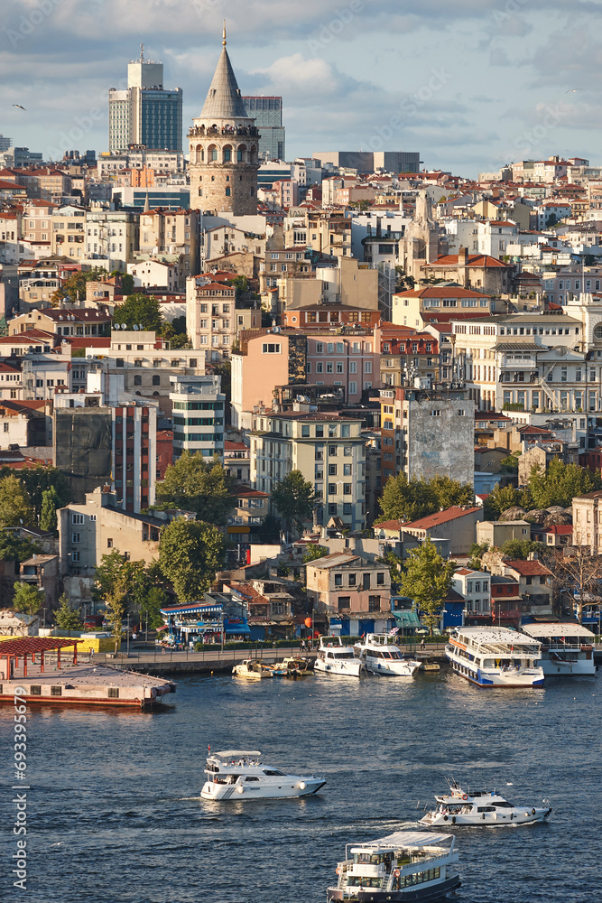 Galata tower and traditional buildings in Istanbul city center. Turkey