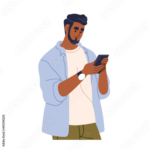 Man with mobile cell phone in hand. Character looking at smartphone, reading ...