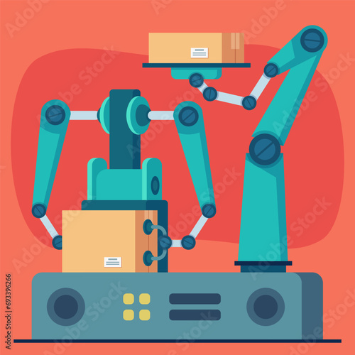 Robot manipulators handling carton boxes with dangerous goods. Vector illustration. Automatic packing goods in warehouse. Packing, DRG, logistics concept