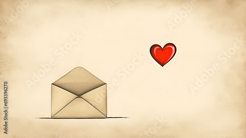 Sketch style drawing of an envelope and red heart on old paper. Valentine's Day. photo