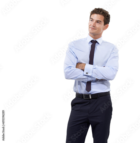 Arms crossed, thinking and business with man, planning and employee isolated on white studio background. Person, model and entrepreneur with decision, choice and opportunity with idea or mockup space
