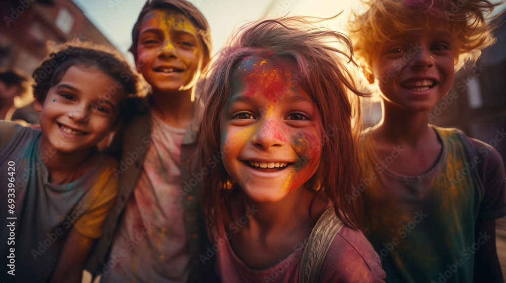 Close-up portrait of a girl and group of happy kids looking at camera after playing with colourful holi powder during festival celebration. Holy colors festival. Generative AI