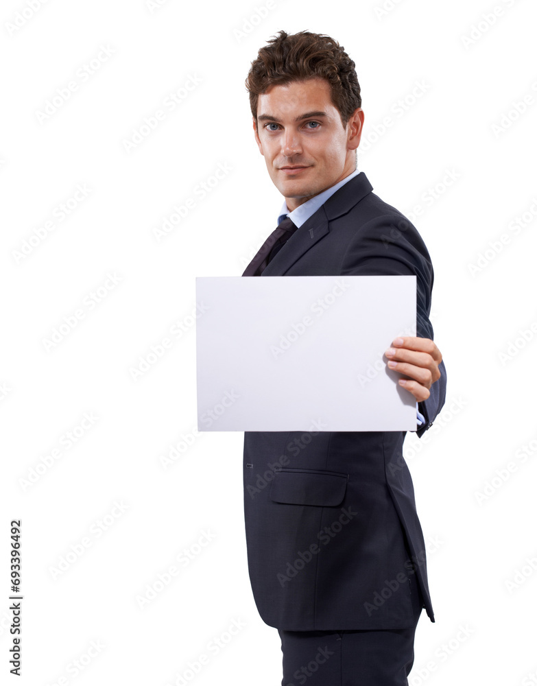 Portrait, mockup placard and business man with promotion news, advertising space or corporate info. Commercial poster, studio and professional sales consultant with empty signage on white background Portrait, mockup placard and business man with promotion news, advertising space or corporate info. Commercial poster, studio and professional sales consultant with empty signage on white background