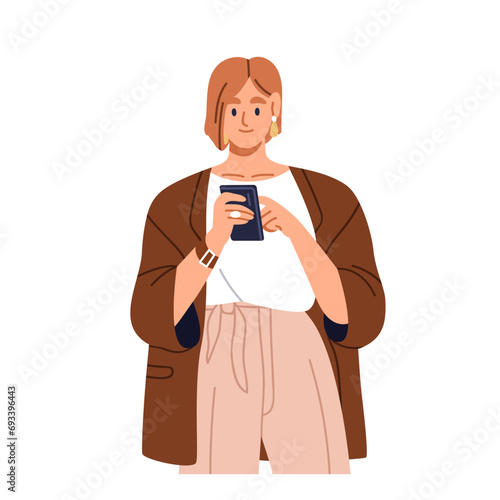 Woman using smartphone. Female character holding mobile phone in hand, surfing internet, texting business message, looking at cellphone. Flat graphic vector illustration isolated on white background