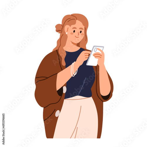 Young woman holding mobile cell phone. Female character with smartphone, cellphone in hand, using device, scrolling online, surfing internet. Flat vector illustration isolated on white background