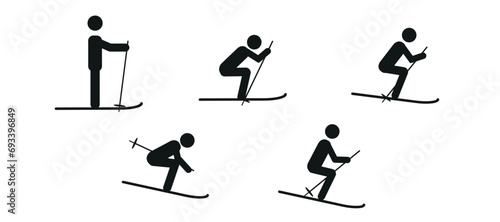 man on skis, winter sport, a set of human figures in different poses on skis, pictogram, flat vector illustration, isolated on a white background