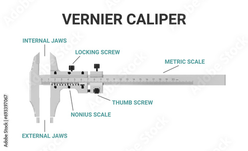 Vernier caliper engineering industrial measuring mechanical instrument scheme realistic vector