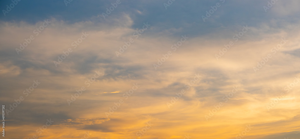 Panoramic skyline view The sun rose in the morning sky with colorful clouds. and beautiful cloud patterns In the soft morning light at the sea