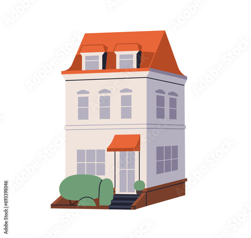 House exterior. Two-story residential building facade. Home, mansion architecture, outside view. Living construction. Real estate, property. Flat vector illustration isolated on white background