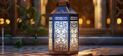 Decorate the lantern with traditional Islamic tile patterns and place it against a background of a mosque featuring similar tile work. This pays homage to the rich artistic heritage of Islamic culture photo
