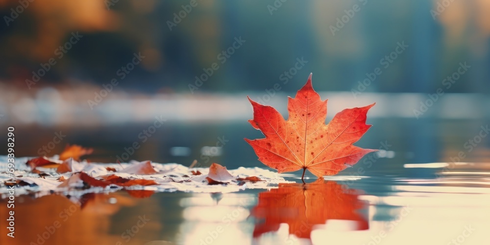 Colorful fall leaves in pond lake water, floating autumn leaf. Fall season leaves in rain puddle. Sunny autumn day foliage