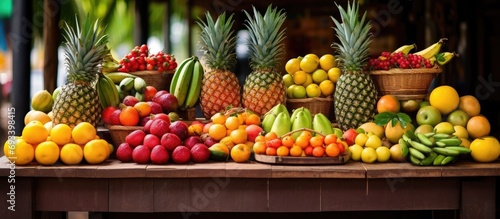 Latin American marketplace selling various tropical and exotic fruits at traditional stalls.