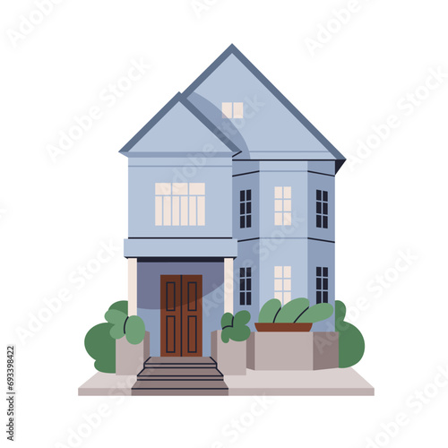 House building facade. Home exterior, architecture. Residential living mansion. Dwelling construction, structure with porch, door, windows. Flat vector illustration isolated on white background