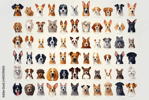 Create a series of vector illustrations featuring the distinct characteristics of various dog breeds. Highlight the unique features of each breed, such as ears, snouts, and markings.