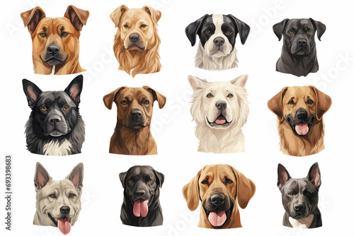 Create a series of vector illustrations featuring the distinct characteristics of various dog breeds. Highlight the unique features of each breed, such as ears, snouts, and markings. © Eshana