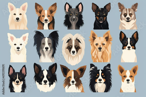 Create a series of vector illustrations featuring the distinct characteristics of various dog breeds. Highlight the unique features of each breed, such as ears, snouts, and markings. © Eshana