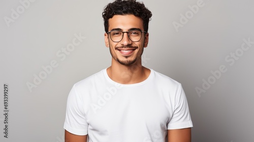 Attractive young Mexican man wearing a white t-shirt and glasses. Isolated on white background. #693399297