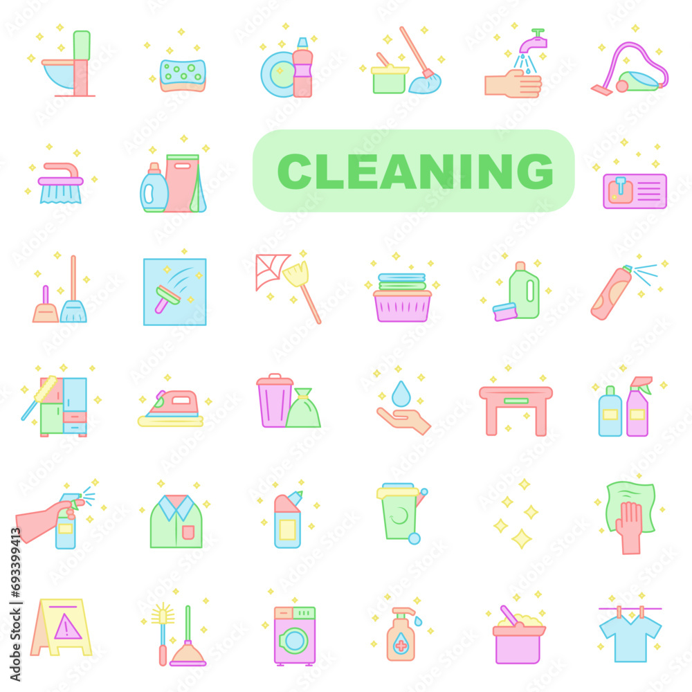 Set of bright linear icons on the theme of cleaning. Cleaning company symbol icons. Set of bright linear icons on the theme of cleaning. Cleaning company symbol icons.