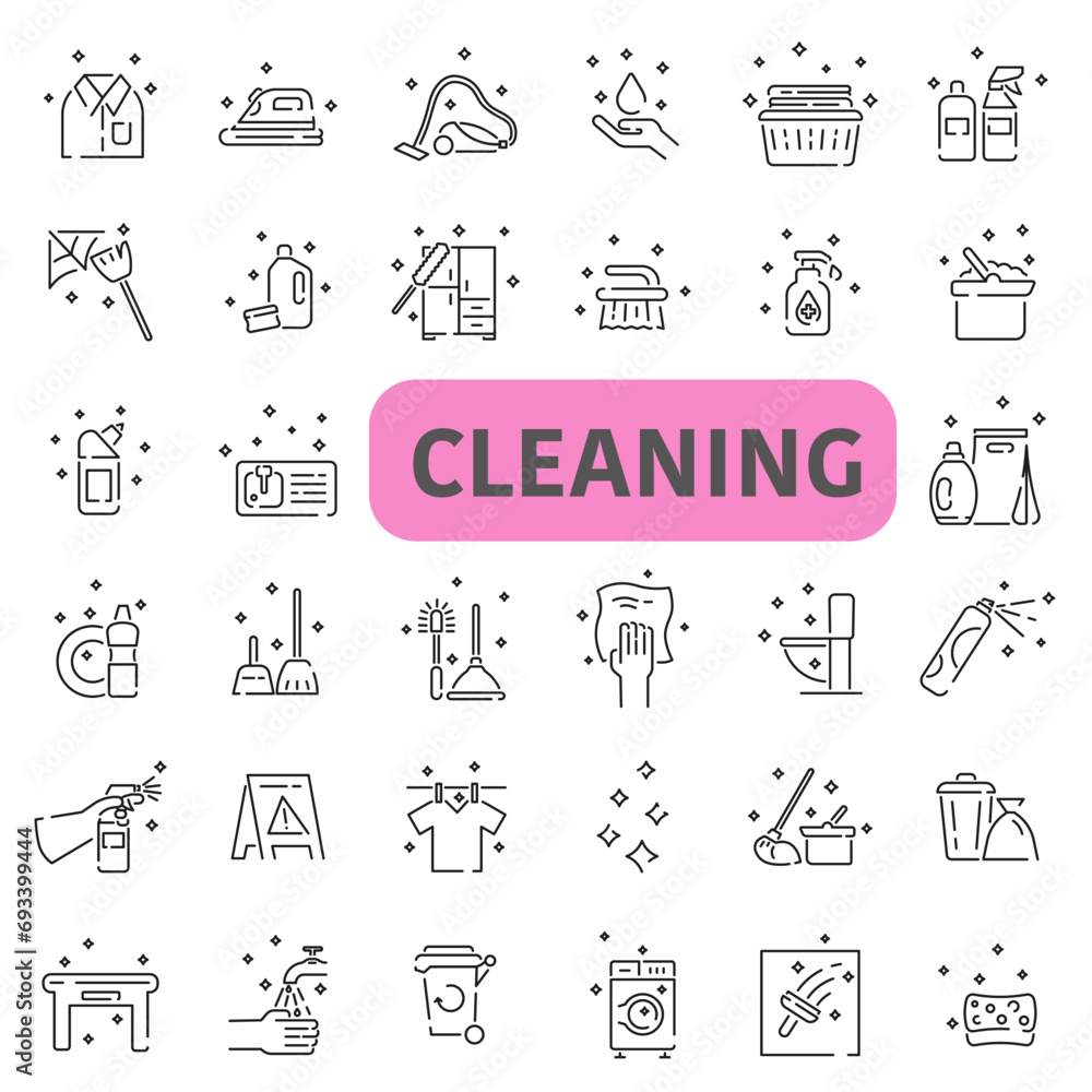 Cleaning company symbol icons. Vector set of linear icons on cleaning theme. Cleaning icons.