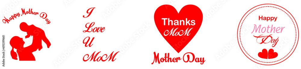 Happy Mothers Day lettering set. Handmade calligraphy vector illustration. Mother's day card with heart