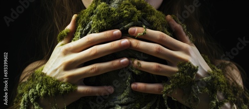 Woman's hands embracing mossy tree trunk from below. photo