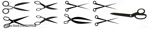 Different scissors types vector illustration in silhouette style. Black Scissor vector set icon on white background. Open, closed cutting scissors or nippers collection.