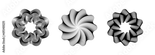 A Set of vector illustrations featuring halftone-effect lines within geometric round frames. Retro patterned border lines. ideal for logo, card, T shirt print. 