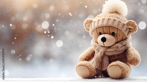 Teddy bear in knitted hat on bokeh background