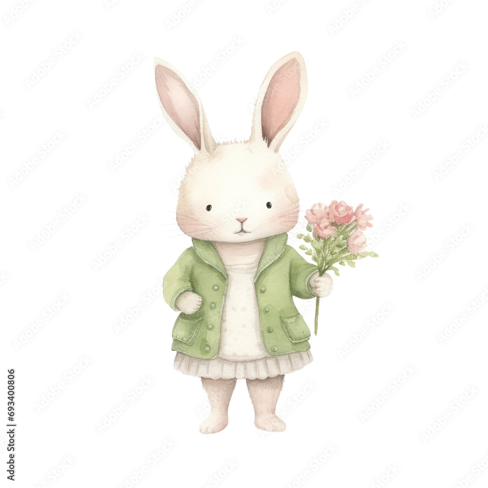 Obraz premium Watercolor illustration of cute bunny with a bunch of flowers, Spring season concept.