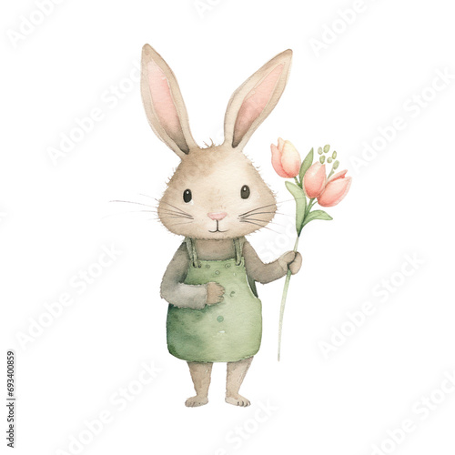 Watercolor illustration of cute bunny with tulip flower, Spring season concept.