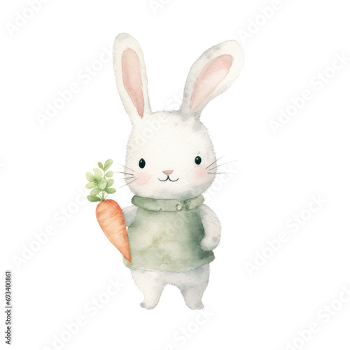 Watercolor illustration of cute bunny with carrot, Spring season concept.