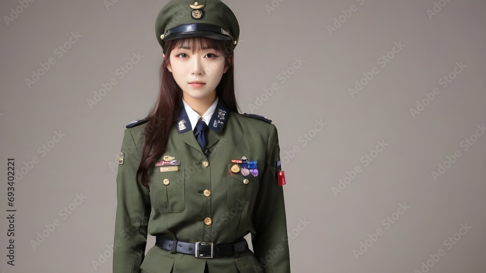 Cute Asian Girl In Military Suit Background Cute Asian Girl In Military Suit Background