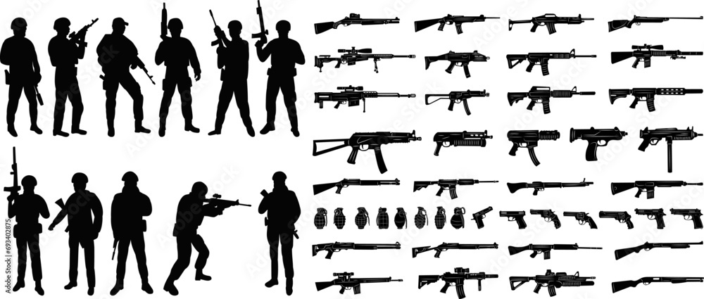 military set, weapons silhouette on white background vector - obrazy, fototapety, plakaty 