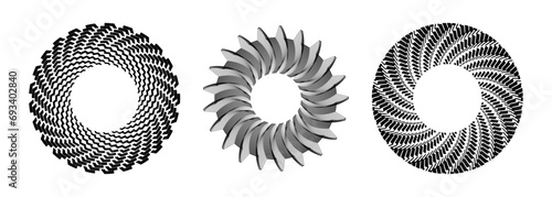 A Set of vector illustrations featuring halftone-effect lines within geometric round frames. Retro patterned border lines. ideal for logo, card, T shirt print. 