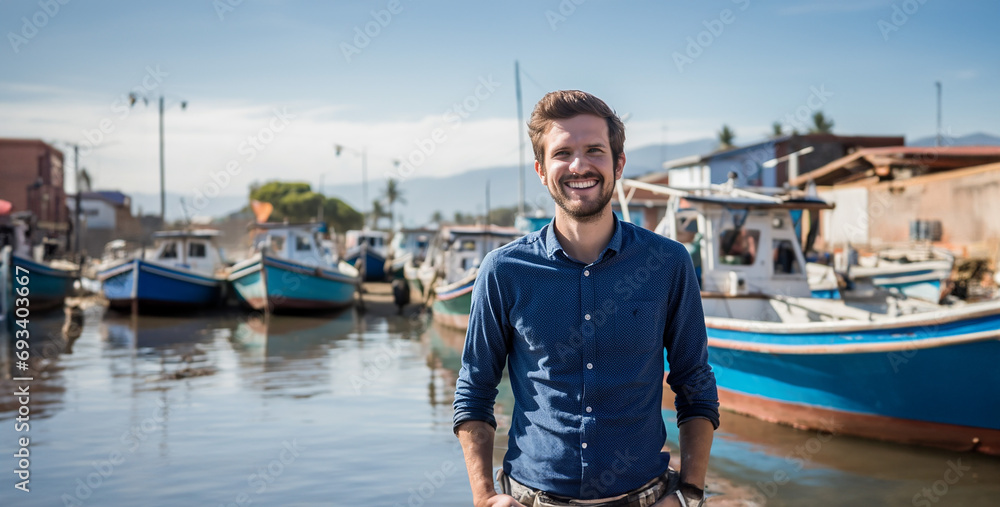 man is smiling in front of a row of boats