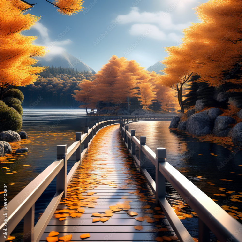 autumn nature landscape lake bridge in fall forest pathway in gold ...