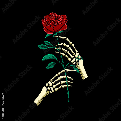 skeleton hand holding a rose vintage illustration
