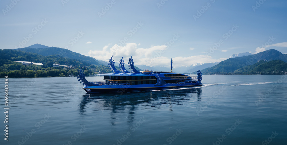 boats on the lake, boat is blue in the style of swiss style monument