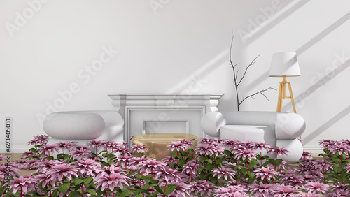 The room is full of flowers. 3D illustration  3D rendering  