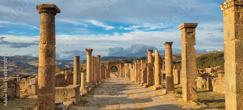 Remains of Cuicul village in Djemila town, archaeological area rich in well-preserved Berber-Roman ruins in North Africa, UNESCO World Heritage Site, Sétif, Algeria.