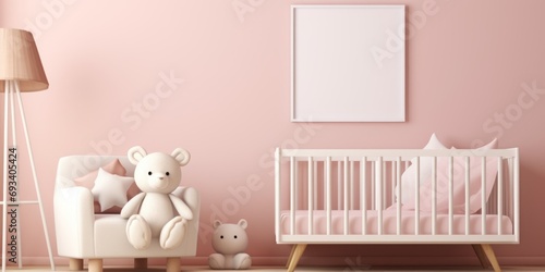 Framed white poster mockup in a pink kid's room, in the style of danish design, minimalist backgrounds © kimly